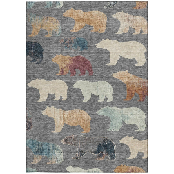HomeRoots 5' Indoor/Outdoor Washable Area Rug with Bear Motif in Gray, Ivory, and Beige – Durable & Stylish 660356