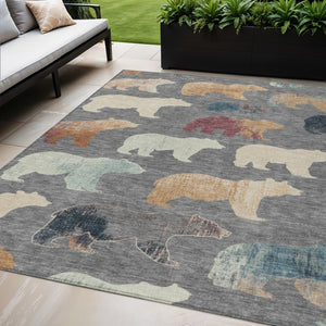HomeRoots 5' Indoor/Outdoor Washable Area Rug with Bear Motif in Gray, Ivory, and Beige – Durable & Stylish 660356