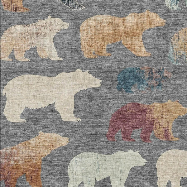 HomeRoots 9' X 12' Bear-Themed Washable Area Rug - Durable Indoor/Outdoor Design in Gray, Ivory, and Beige 660359