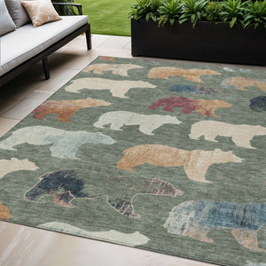 HomeRoots 5' X 8' Bear Motif Washable Rug in Green, Ivory, and Copper – Perfect for Indoor & Outdoor Spaces! 660362