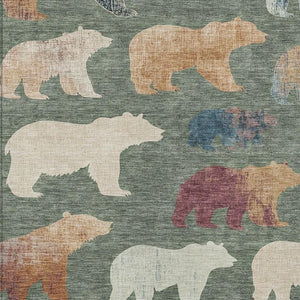 HomeRoots 5' X 8' Bear Motif Washable Rug in Green, Ivory, and Copper – Perfect for Indoor & Outdoor Spaces! 660362