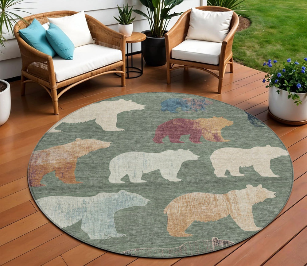 HomeRoots 8' Round Bear Washable Area Rug in Green, Ivory & Copper - Durable Indoor/Outdoor Design for Easy Care 660363