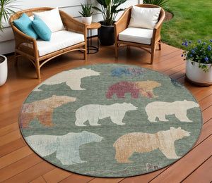 HomeRoots 8' Round Bear Washable Area Rug in Green, Ivory & Copper - Durable Indoor/Outdoor Design for Easy Care 660363