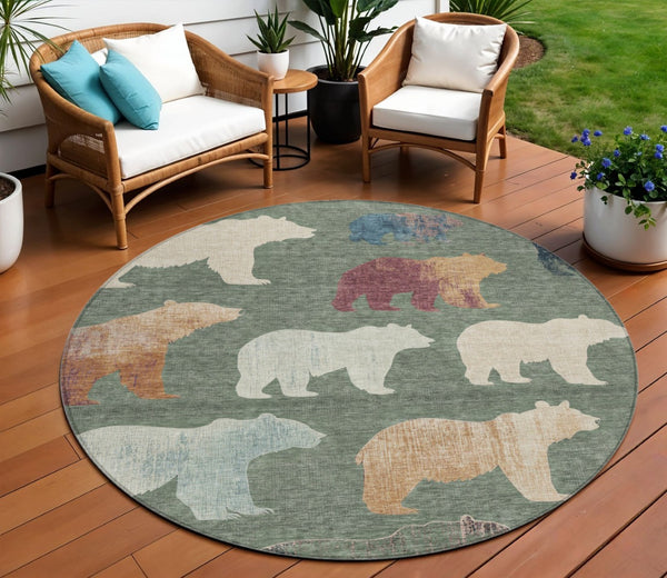 HomeRoots 8' Round Bear Washable Area Rug in Green, Ivory & Copper - Durable Indoor/Outdoor Design for Easy Care 660363