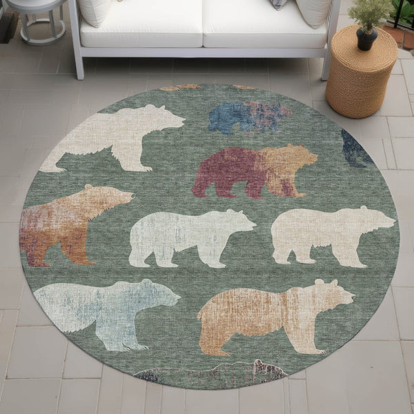HomeRoots 8' Round Bear Washable Area Rug in Green, Ivory & Copper - Durable Indoor/Outdoor Design for Easy Care 660363