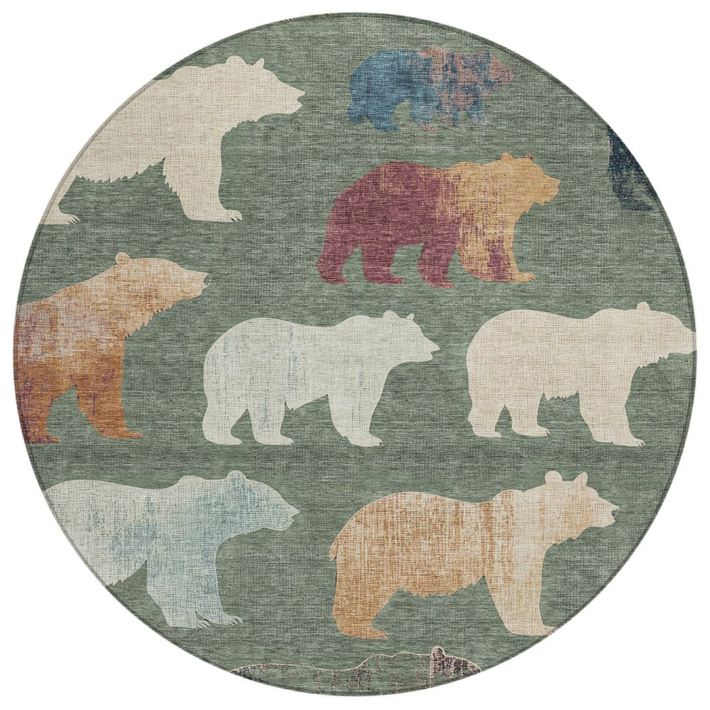 HomeRoots 8' Round Bear Washable Area Rug in Green, Ivory & Copper - Durable Indoor/Outdoor Design for Easy Care 660363