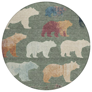 HomeRoots 8' Round Bear Washable Area Rug in Green, Ivory & Copper - Durable Indoor/Outdoor Design for Easy Care 660363