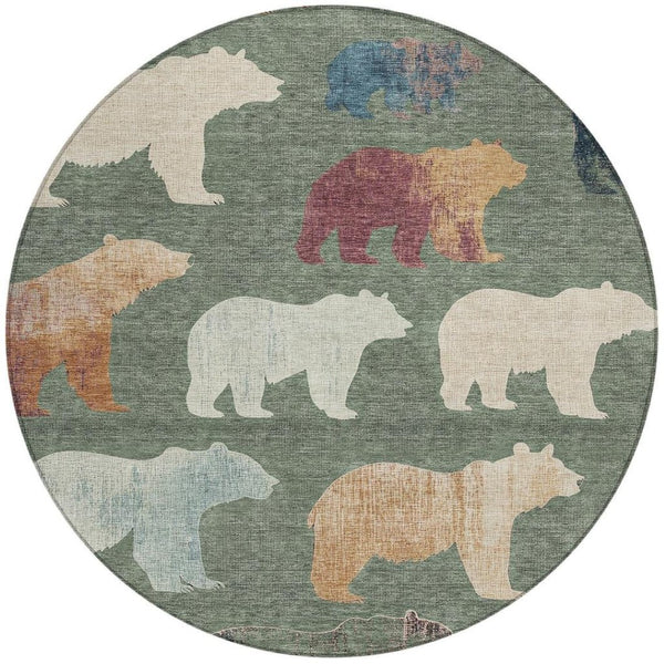 HomeRoots 8' Round Bear Washable Area Rug in Green, Ivory & Copper - Durable Indoor/Outdoor Design for Easy Care 660363