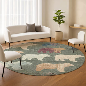 HomeRoots 8' Round Bear Washable Area Rug in Green, Ivory & Copper - Durable Indoor/Outdoor Design for Easy Care 660363