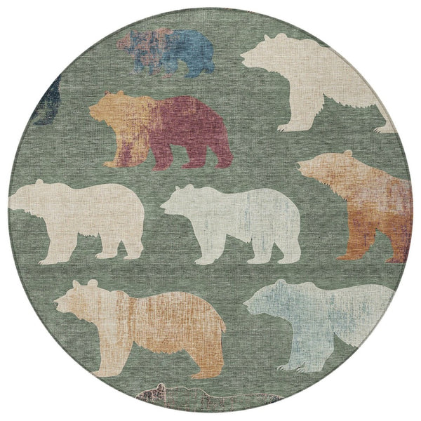HomeRoots 8' Round Bear Washable Area Rug in Green, Ivory & Copper - Durable Indoor/Outdoor Design for Easy Care 660363