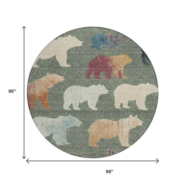 HomeRoots 8' Round Bear Washable Area Rug in Green, Ivory & Copper - Durable Indoor/Outdoor Design for Easy Care 660363