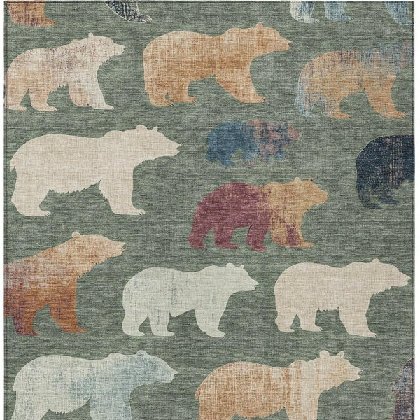 HomeRoots 9' X 12' Washable Bear Area Rug in Green, Ivory & Copper - Durable Indoor/Outdoor Decor Accent 660365