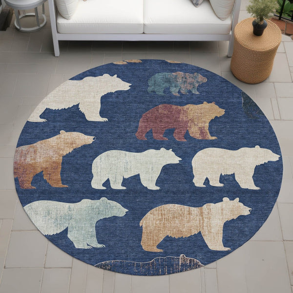 HomeRoots 8' Navy Blue Ivory and Beige Bear Rug - Washable, Durable, Perfect for Indoor & Outdoor Spaces! 660369