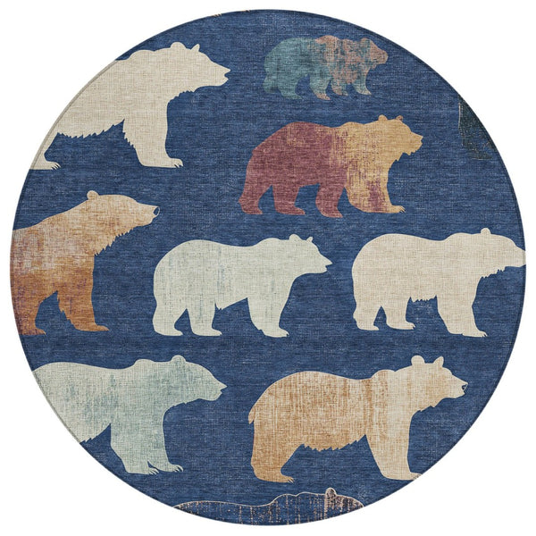 HomeRoots 8' Navy Blue Ivory and Beige Bear Rug - Washable, Durable, Perfect for Indoor & Outdoor Spaces! 660369