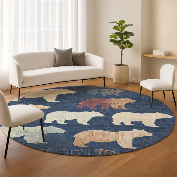 HomeRoots 8' Navy Blue Ivory and Beige Bear Rug - Washable, Durable, Perfect for Indoor & Outdoor Spaces! 660369