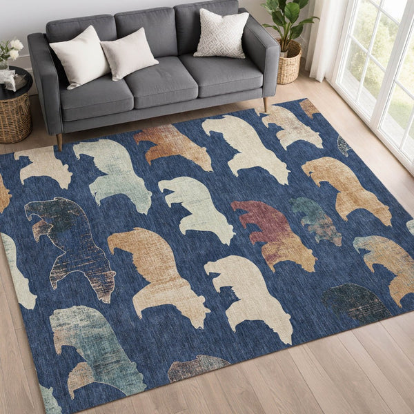 HomeRoots 8' X 10' Navy Blue Bear Area Rug - Durable, Washable, Rustic Indoor/Outdoor Mat for High-Traffic Spaces 660370
