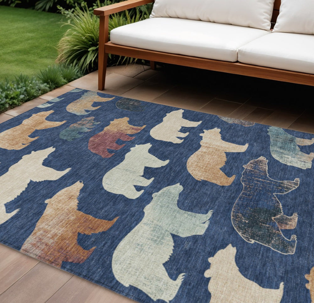 HomeRoots 9' Navy Blue Bear-Design Area Rug - Washable, Durable & Stylish for Indoor/Outdoor Spaces! 660371