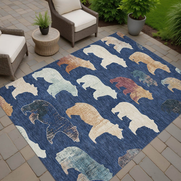 HomeRoots 9' Navy Blue Bear-Design Area Rug - Washable, Durable & Stylish for Indoor/Outdoor Spaces! 660371