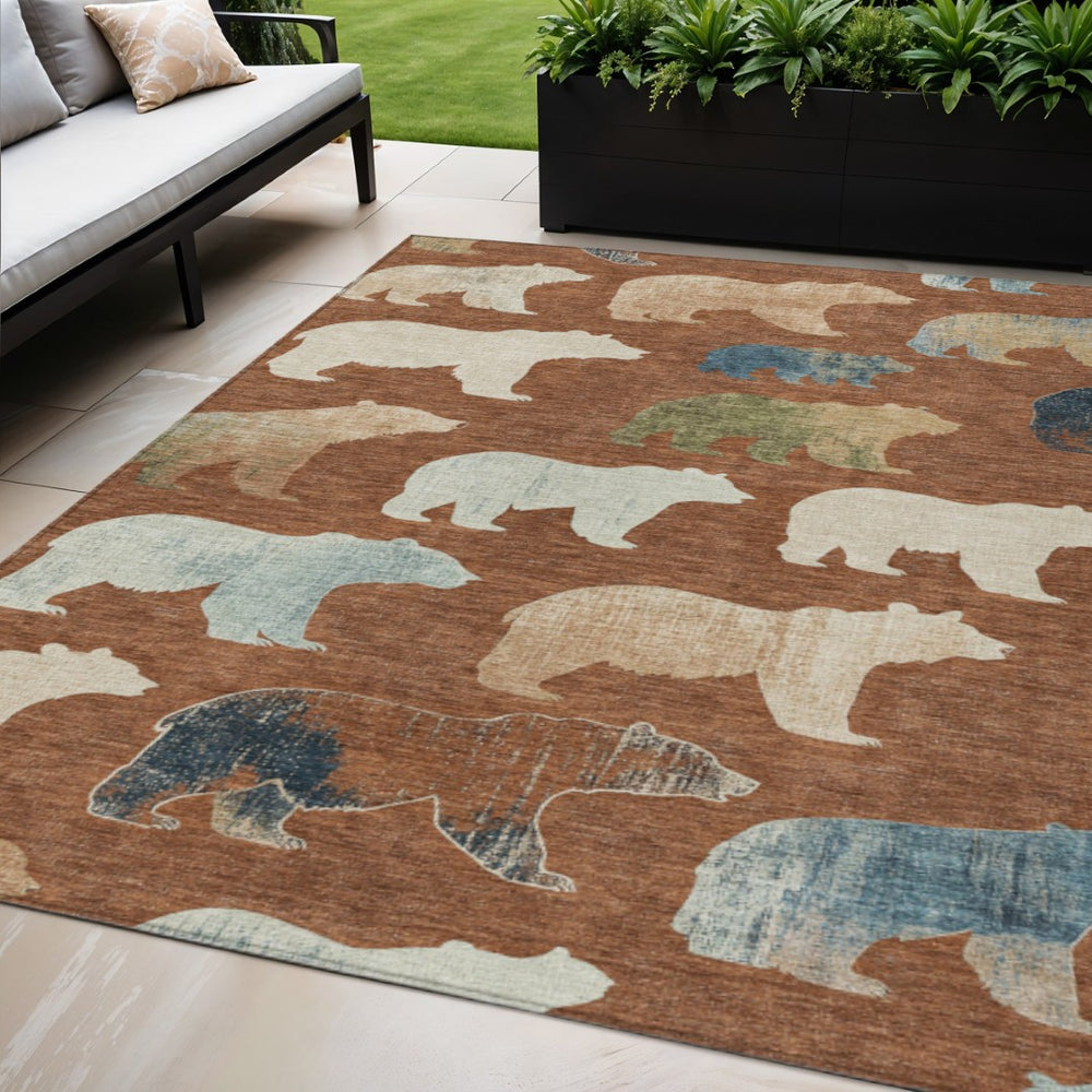 HomeRoots 5' X 8' Washable Indoor/Outdoor Area Rug - Charming Bear Motif in Chili Red, Ivory & Beige Colors 660374
