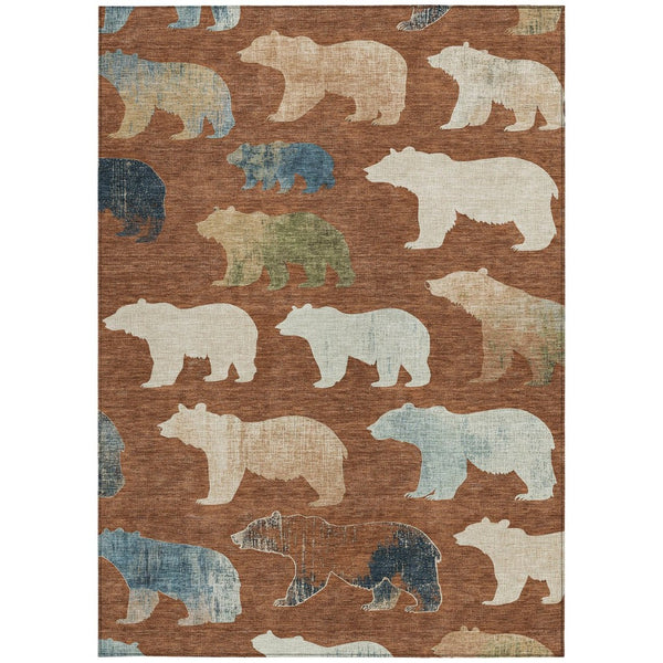 HomeRoots 8' X 10' Bear Motif Chili Red Ivory Beige Rug - Durable, Washable, Indoor & Outdoor Charm for All Spaces 660376