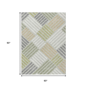 HomeRoots 5' Stylish Artichoke Green and Gray Geometric Area Rug - Washable Indoor/Outdoor Comfort & Durability 660380