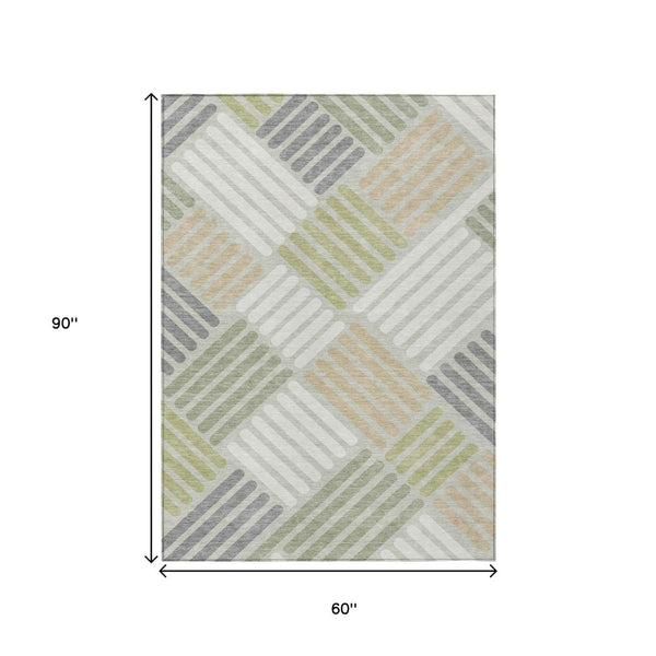 HomeRoots 5' Stylish Artichoke Green and Gray Geometric Area Rug - Washable Indoor/Outdoor Comfort & Durability 660380