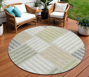 HomeRoots 8' Modern Artichoke Green and Ivory Round Geometric Area Rug - Washable, Durable for Indoor/Outdoor Use 660381