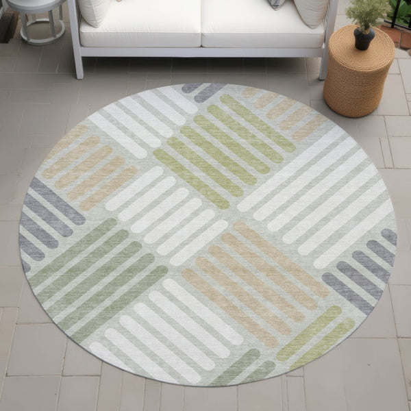 HomeRoots 8' Modern Artichoke Green and Ivory Round Geometric Area Rug - Washable, Durable for Indoor/Outdoor Use 660381