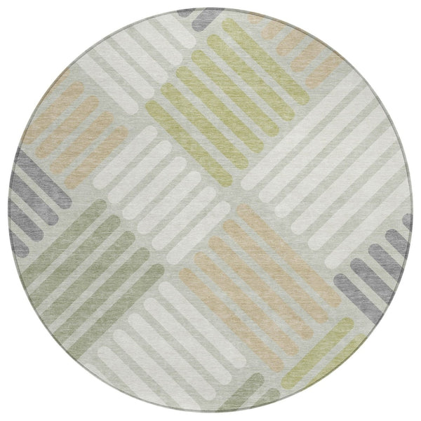 HomeRoots 8' Modern Artichoke Green and Ivory Round Geometric Area Rug - Washable, Durable for Indoor/Outdoor Use 660381