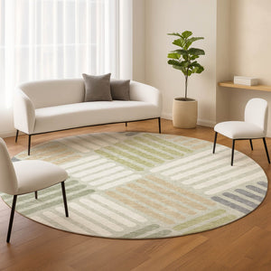 HomeRoots 8' Modern Artichoke Green and Ivory Round Geometric Area Rug - Washable, Durable for Indoor/Outdoor Use 660381