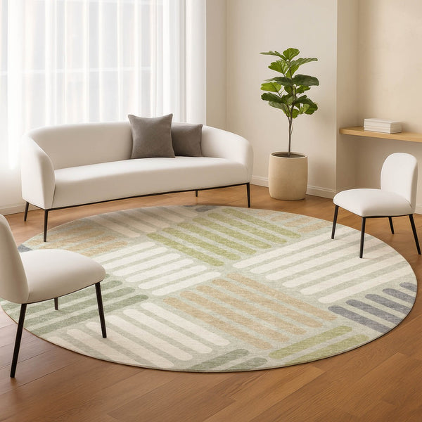 HomeRoots 8' Modern Artichoke Green and Ivory Round Geometric Area Rug - Washable, Durable for Indoor/Outdoor Use 660381