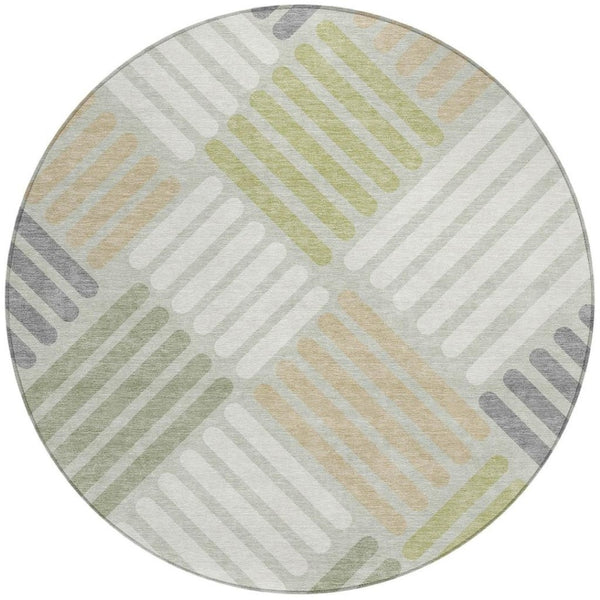 HomeRoots 8' Modern Artichoke Green and Ivory Round Geometric Area Rug - Washable, Durable for Indoor/Outdoor Use 660381