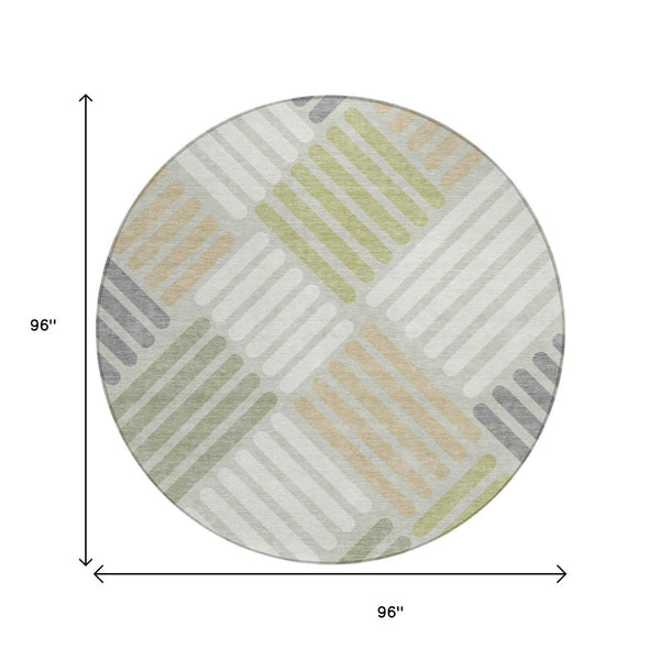HomeRoots 8' Modern Artichoke Green and Ivory Round Geometric Area Rug - Washable, Durable for Indoor/Outdoor Use 660381