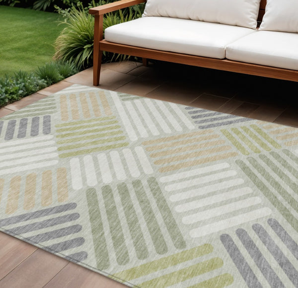 HomeRoots 8' Stylish Artichoke Green, Ivory & Gray Geometric Washable Area Rug for Indoor & Outdoor Spaces 660382