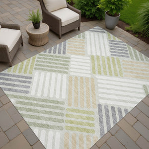 HomeRoots 8' Stylish Artichoke Green, Ivory & Gray Geometric Washable Area Rug for Indoor & Outdoor Spaces 660382