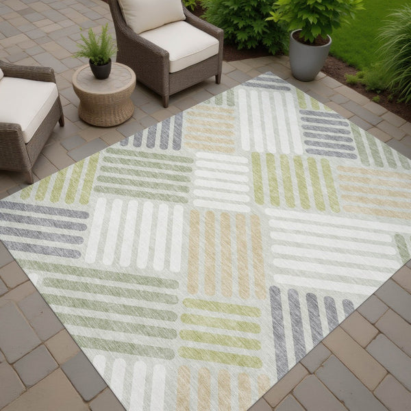 HomeRoots 8' Stylish Artichoke Green, Ivory & Gray Geometric Washable Area Rug for Indoor & Outdoor Spaces 660382