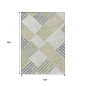 HomeRoots 8' Stylish Artichoke Green, Ivory & Gray Geometric Washable Area Rug for Indoor & Outdoor Spaces 660382