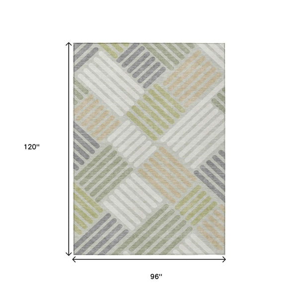 HomeRoots 8' Stylish Artichoke Green, Ivory & Gray Geometric Washable Area Rug for Indoor & Outdoor Spaces 660382