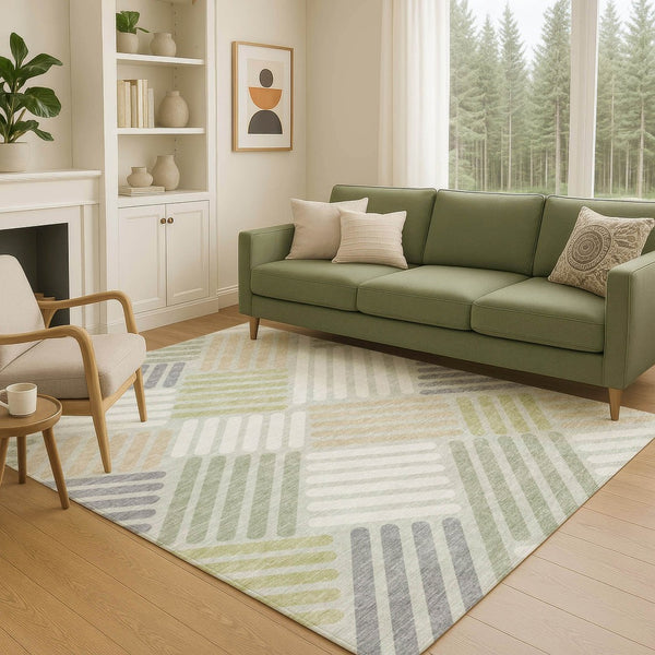 HomeRoots 8' Stylish Artichoke Green, Ivory & Gray Geometric Washable Area Rug for Indoor & Outdoor Spaces 660382