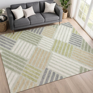 HomeRoots 8' Stylish Artichoke Green, Ivory & Gray Geometric Washable Area Rug for Indoor & Outdoor Spaces 660382