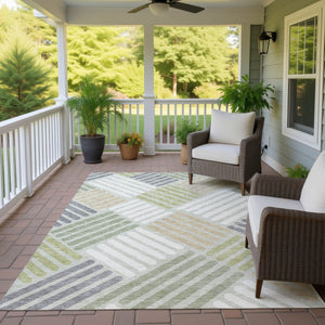HomeRoots 8' Stylish Artichoke Green, Ivory & Gray Geometric Washable Area Rug for Indoor & Outdoor Spaces 660382