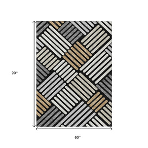 HomeRoots 5' Modern Geometric Washable Indoor Outdoor Area Rug in Black, Beige & Ivory - Durable & Stylish! 660386