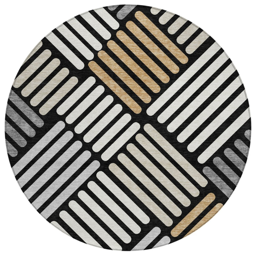 HomeRoots 8' Round Geometric Area Rug in Black, Beige & Ivory - Washable for Indoor/Outdoor Versatility! 660387
