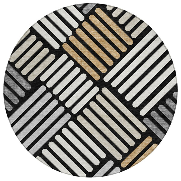 HomeRoots 8' Round Geometric Area Rug in Black, Beige & Ivory - Washable for Indoor/Outdoor Versatility! 660387