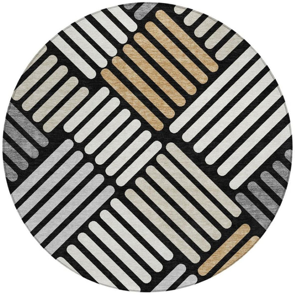 HomeRoots 8' Round Geometric Area Rug in Black, Beige & Ivory - Washable for Indoor/Outdoor Versatility! 660387