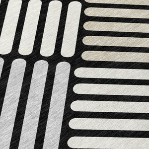 HomeRoots 8' Round Geometric Area Rug in Black, Beige & Ivory - Washable for Indoor/Outdoor Versatility! 660387