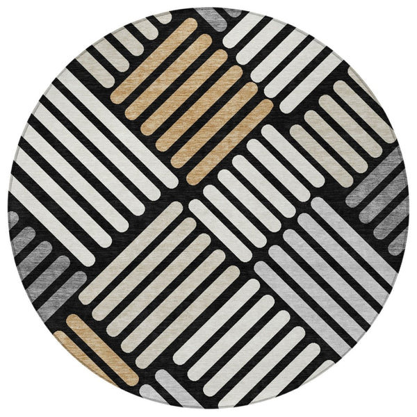 HomeRoots 8' Round Geometric Area Rug in Black, Beige & Ivory - Washable for Indoor/Outdoor Versatility! 660387