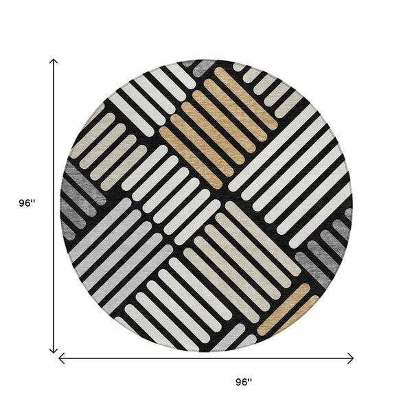 HomeRoots 8' Round Geometric Area Rug in Black, Beige & Ivory - Washable for Indoor/Outdoor Versatility! 660387