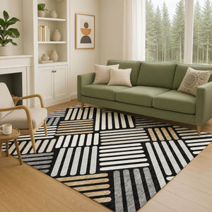 HomeRoots 8' X 10' Modern Geometric Washable Area Rug in Black, Beige & Ivory for Indoor/Outdoor Style & Durability 660388