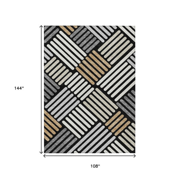 HomeRoots 9' Geometric Washable Area Rug - Black, Beige & Ivory for Indoor/Outdoor Spaces, Durable & Stylish! 660389